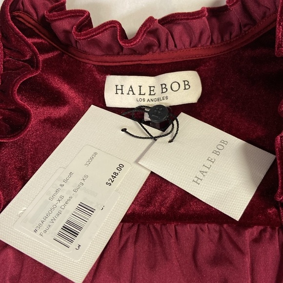 Hale Bob Manon Shirred Velvet Faux Wrap Mini Dress Burgundy Size XS NWT - Picture 7 of 8